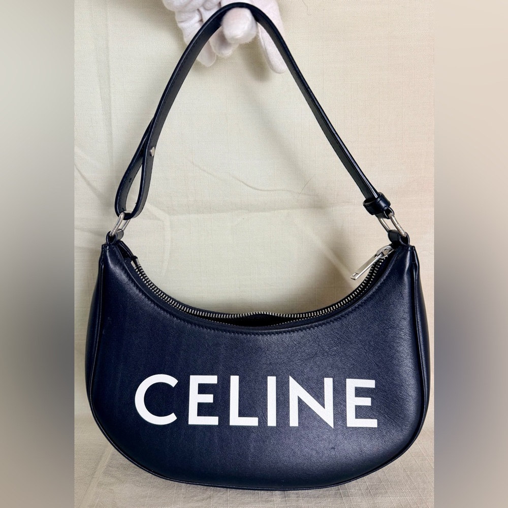 Auth. Celine Celine Ava Half Moon Black Leather Signature Shoulders Bag Italy